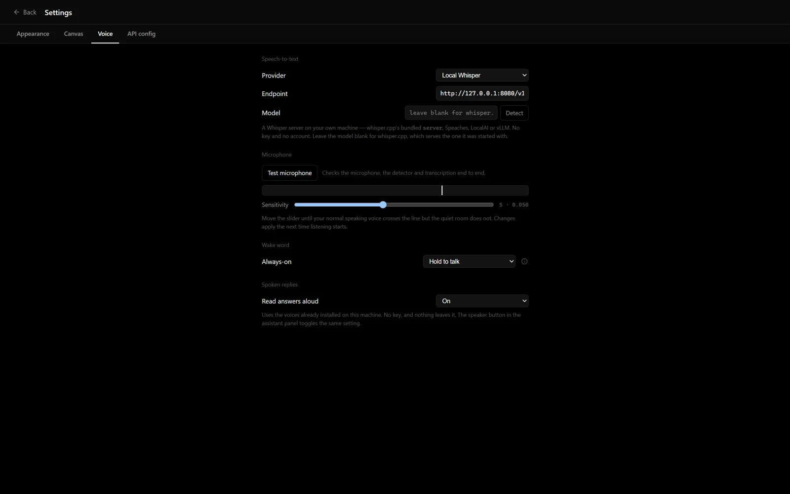 Voice settings: local Whisper endpoint, microphone test and sensitivity