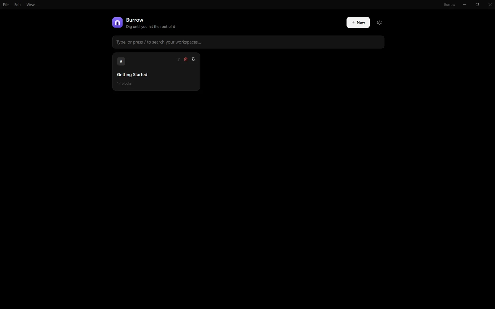 The workspace browser with search and a pinned workspace
